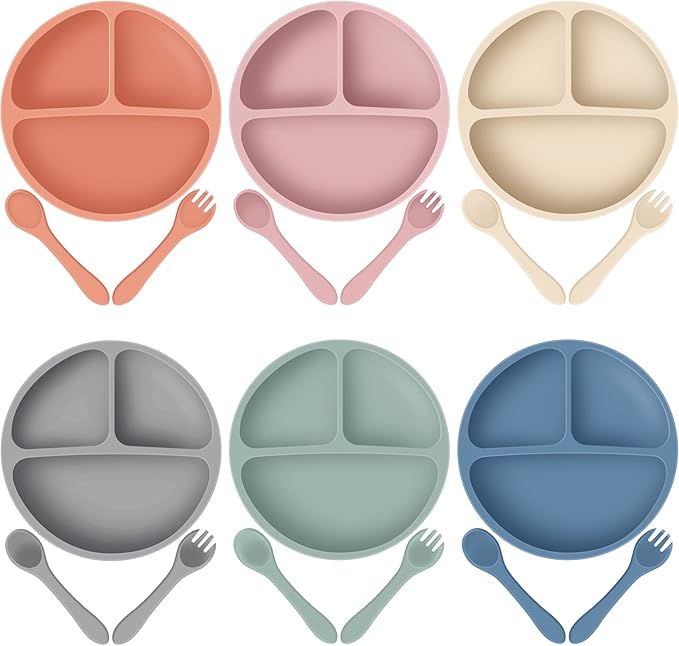 6 Pack Suction Plates for Baby with Spoon Fork Divided Toddler Plate with Suction Silicone Baby Self Feeding Set for Boys Girls (Dark Gray, Army, Dark Blue, Orange, Khaki, Pink)