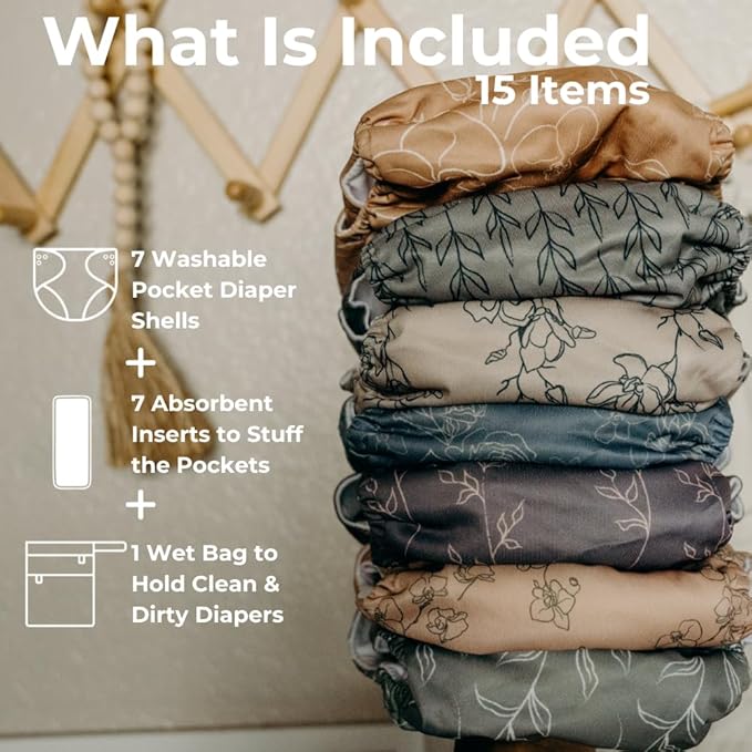 Nora's Nursery Cloth Diapers 7 Pack with 7 Inserts & 1 Wet Bag - Waterproof Cover, Washable, Reusable & One Size Adjustable Pocket Diapers for Newborns and Toddlers - Modern Blooms