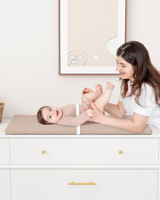Wipeable Baby Changing Pad for Dresser and Table, Cozy Diaper Changing Pad with Waterproof & Wipe-Clean Leather Cover, Standard Size (31.5" L x 15.8" W), Light Brown
