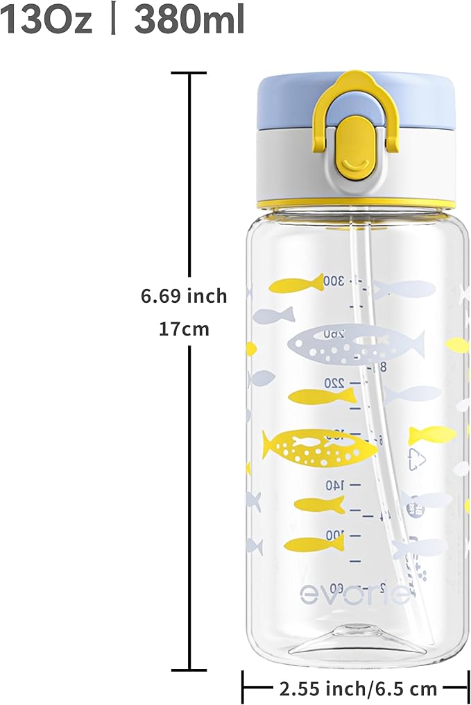 Evorie Tritan Kids Water Bottle for School with Straw, 13oz BPA Free Leak Proof Drinking Cup, Lightweight and Durable Drink Bottle (Ocean Blue)