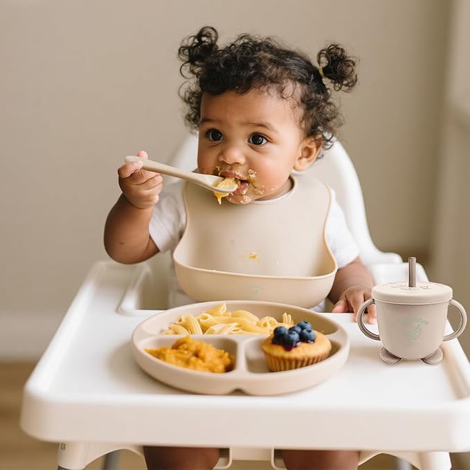 10-Piece Silicone Baby Feeding Set – BPA-Free, Spill-Proof Suction Plate, Bowl, Bib, Snack Cup & Utensils | Dishwasher Safe, Baby Gift Ready (Beige)