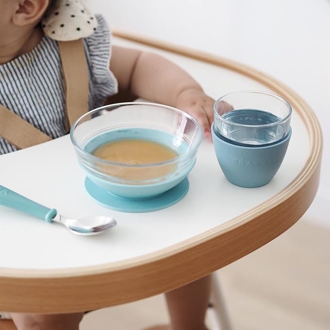 BEABA 3-Piece Glass Meal Set with Silicone Suction, Toddler Plate and Baby Bowls with Suction, Non Slip Kids Dinnerware Set, 2.5x Stronger than Regular Glass, (Rain)