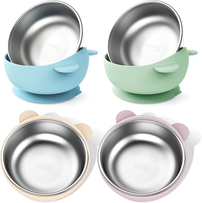 Stainless Steel Baby Bowls with Suction, 2-in-1 Toddlers Bowl & Removable Silicone Suction Kids Bowl, Non Toxic Snack Container for Baby Food Feeding, Soft Blue/Sage/Lavender/Cream Set of 4