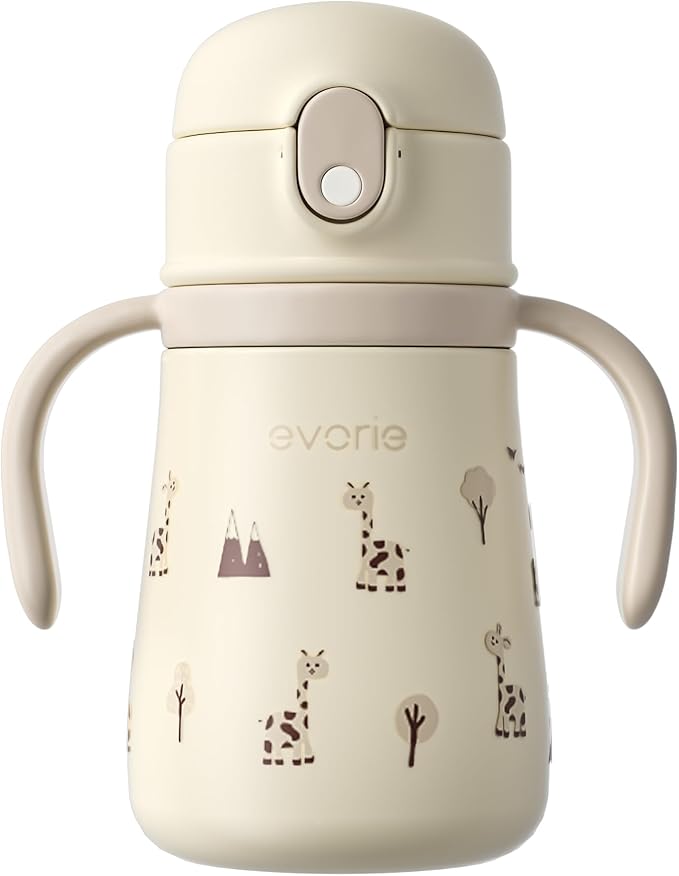 Evorie Leak Proof Vacuum Insulated Water Bottle, 316L Stainless Steel Sippy Cup for Toddlers, 11 oz Straw Cup with Handle & Adjustable Strap, Keeps Drinks Warm or Cold (Giraffe)