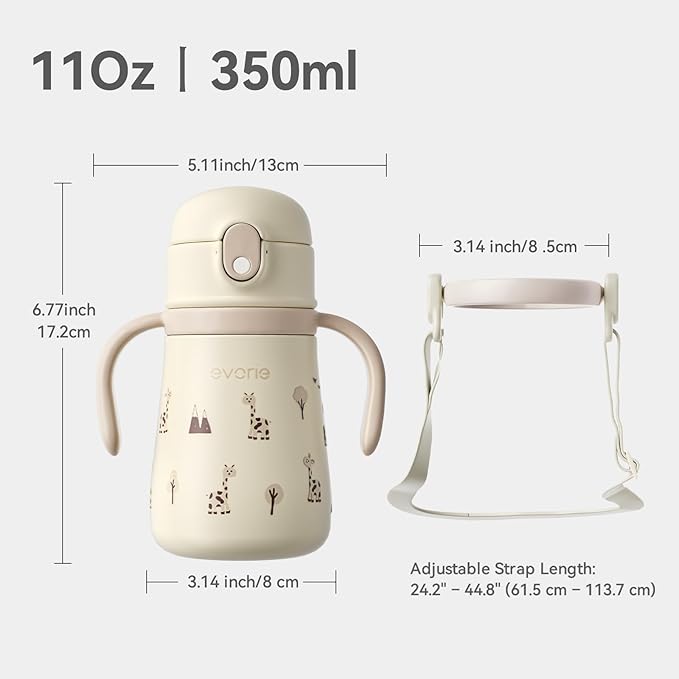 Evorie Leak Proof Vacuum Insulated Water Bottle, 316L Stainless Steel Sippy Cup for Toddlers, 11 oz Straw Cup with Handle & Adjustable Strap, Keeps Drinks Warm or Cold (Giraffe)