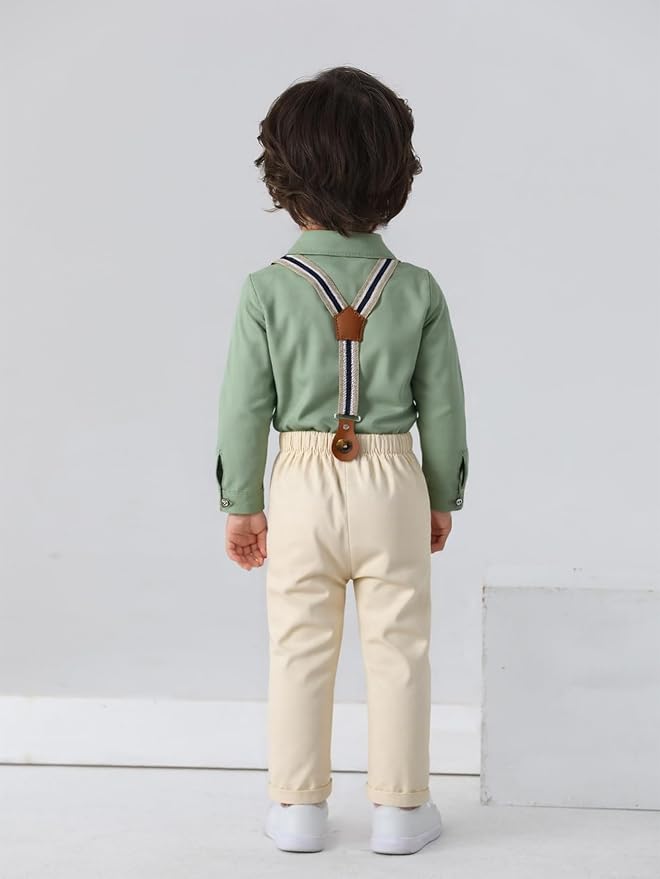 Boarnseorl Baby Boys Pants Sets,Toddler Gentleman Outfits, Infant Long Sleeve Shirt + Pants + Bow Tie + Suspenders