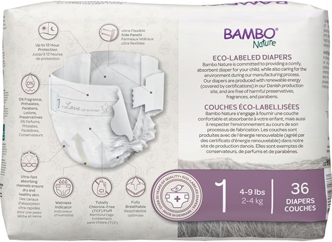 Bambo Nature Hypoallergenic Baby Diapers, Eco-Labelled Sustainable Diapers, Enhanced Leakage Protection, Totally Chlorine-free, Skin Friendly, and Super Absorbent - Size 1 (36 Count)