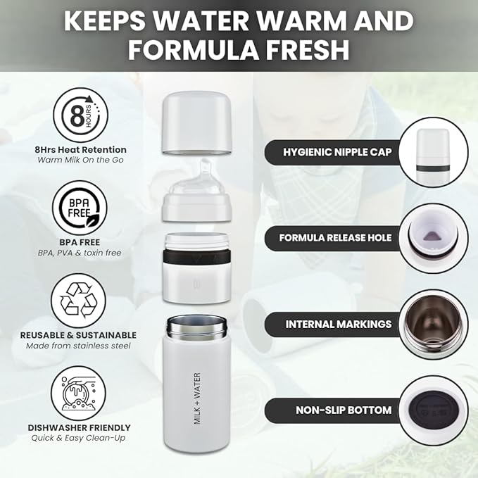 MILK & WATER All in One Baby Bottle & Baby Formula Dispenser On The Go, 9oz - Keeps Water Warm & Formula Fresh - Baby Formula Mixing Bottle with Anti Colic Nipple - Leak-Proof - 6+ Months (White)