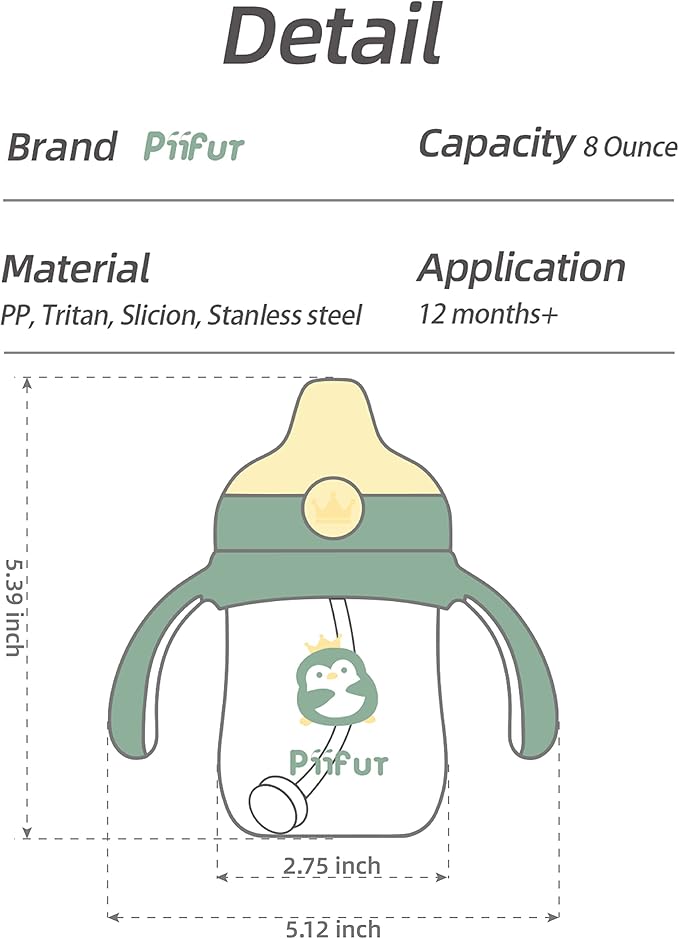 Piifur Tritan Sippy Cup with Storage Lid for 6-18 Months Leak Proof, Weighted Straw Learner Cup with Handle for Baby 8 Ounce (Green)