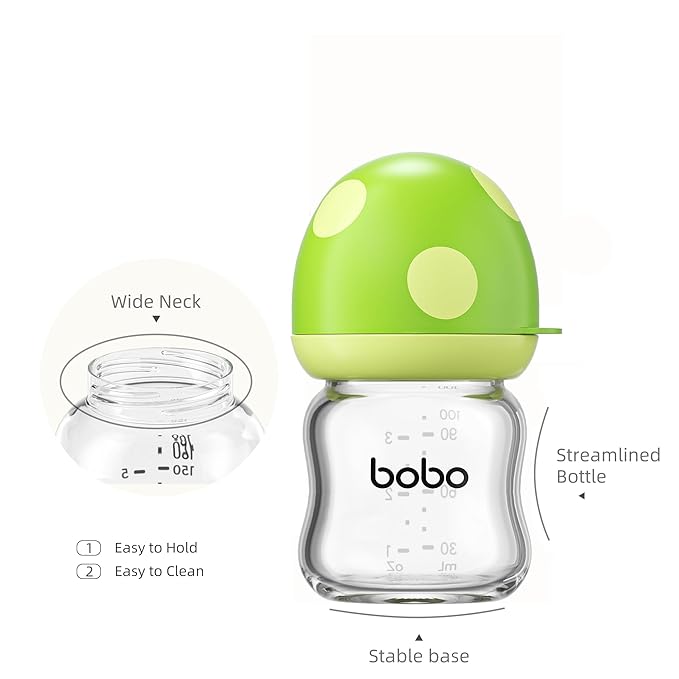 YOHKOH Natural Glass Baby Bottle with Natural Response Nipple, Newborn Anti-Colic Baby Bottles, Wide Neck Mushroom Cap Baby Bottle, Clear (Green, 3.4oz (Pack of 4))