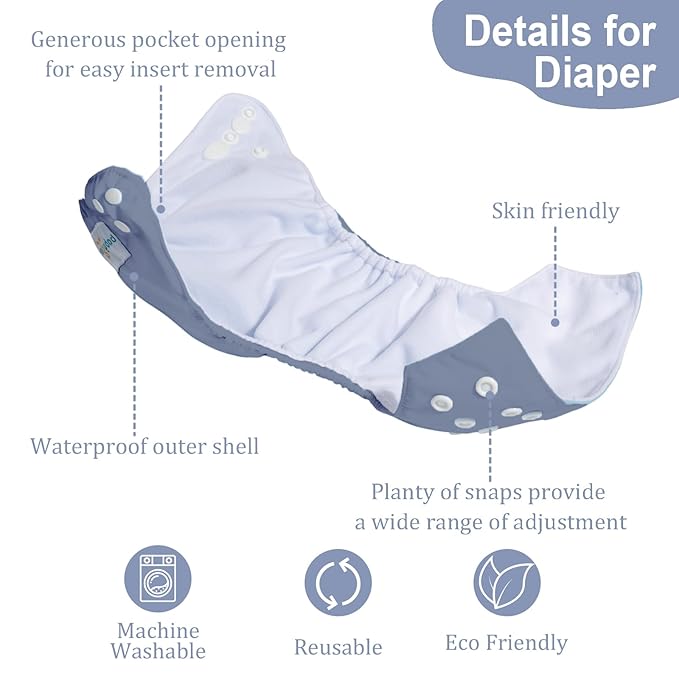 babygoal Baby Boy Cloth Diapers 6 Pack with 6pcs Inserts and Wet Bag, Reusable Waterproof Diaper Covers for Toddlers with Snap Closure