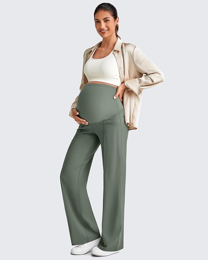 G4Free Maternity Dress Yoga Pants with Pockets Over The Belly Stretchy Work Slack Pregnancy Wide Leg Lounge Trousers