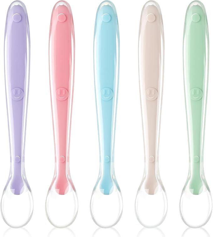 Vicloon Baby Silicone Spoons, 5 PCS Baby Training Feeding Spoons for First Stage 4 Months Toddlers, Infants Utensils Feeding Supplies, Soft Tip BPA Free Gum-Friendly Dishwasher Boil-Proof