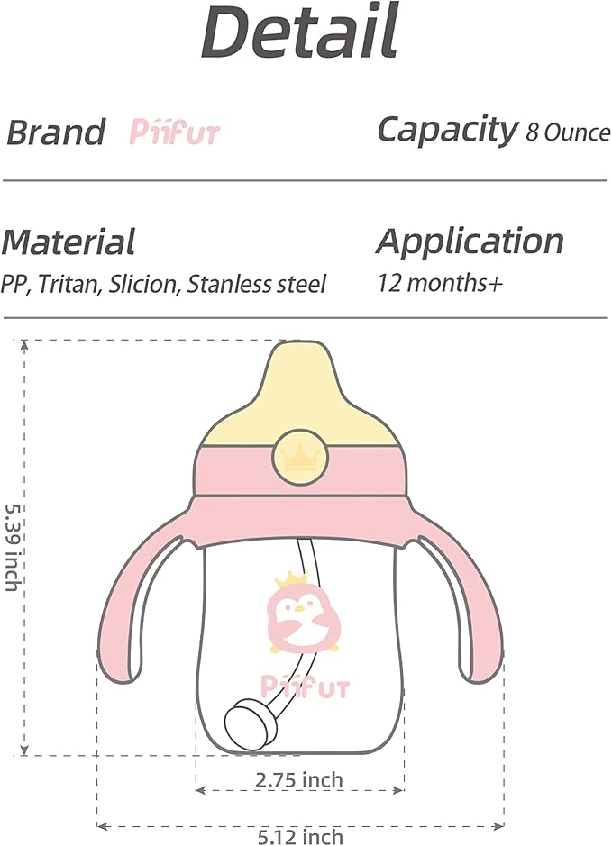 Piifur Tritan Sippy Cup with Storage Lid for 6-18 Months Leak Proof, Weighted Straw Learner Cup with Handle for Baby 8 Ounce (Pink)