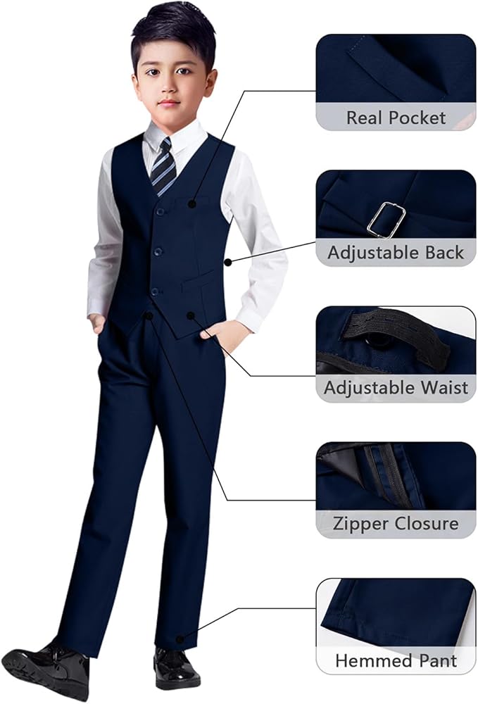YuanLu Boys Suit for Kids Tuxedo Wedding Ring Bearer Outfit, 5 Piece Boy Slim Fit Formal Suits with Adjustable Waist