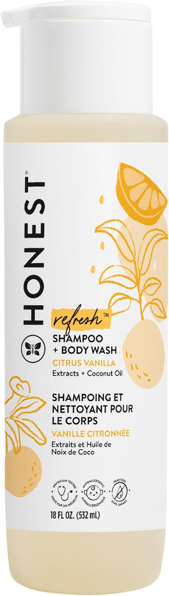The Honest Company 2-in-1 Cleansing Shampoo + Body Wash | Gentle for Baby | Naturally Derived, Tear-free, Hypoallergenic | Citrus Vanilla Refresh, 18 fl oz
