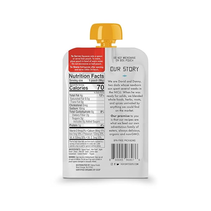 Kekoa Foods Squash & Kale with Turmeric Baby Food Purée | 100% USDA Certified-Organic Vegetarian Squeeze Pouch | Organic, Non-GMO, Gluten-Free, Vegan | Nutritious First Food for Babies | 3.5 oz