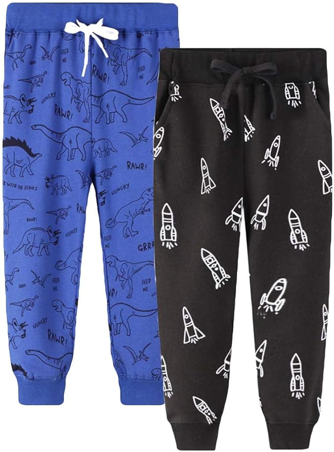 LOKTARC 2 Pack Boys Drawstring Sweatpants Cute Pattern Cotton Sport Jogger Pants