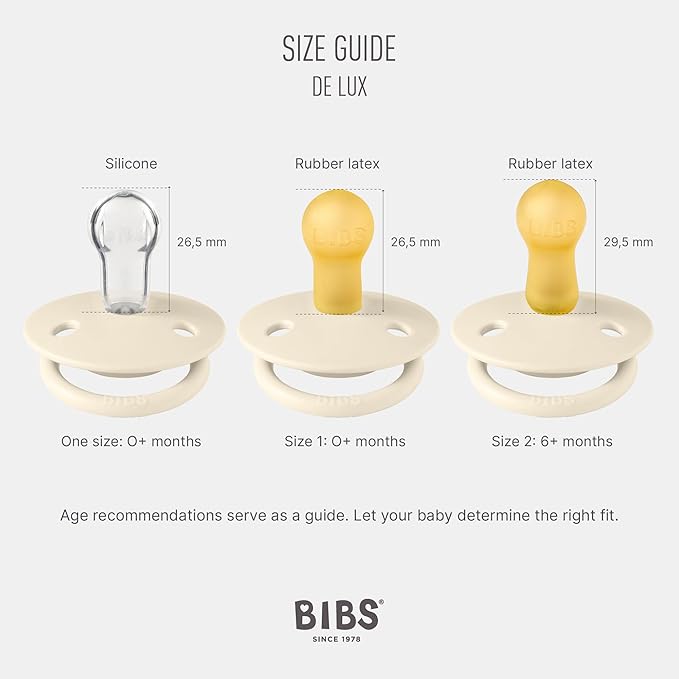 BIBS De Lux Baby Pacifier 2-Pack | Made in Denmark | BPA Free Dummy Soother, Round Nipple. Silicone, OneSize (0-36 Months), Honey Bee/Olive