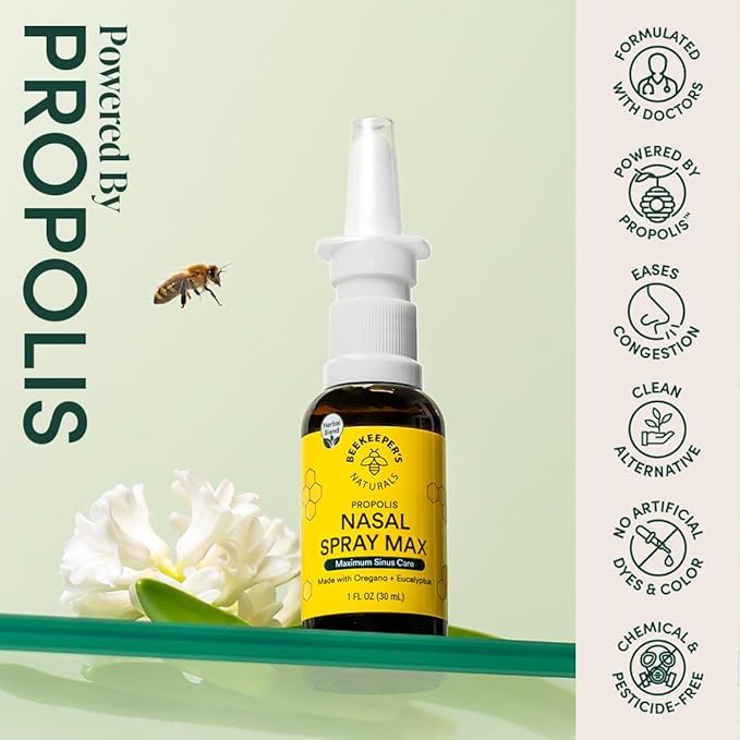 Beekeeper's Naturals Propolis Nasal Rinse Spray Max, Relief for Adults w/Eucalyptus, Oregano & Saline, Clears Nasal Congestion, Moisturizes Sinus Canal, & Decongest Sinus Cavities, 1 fl oz