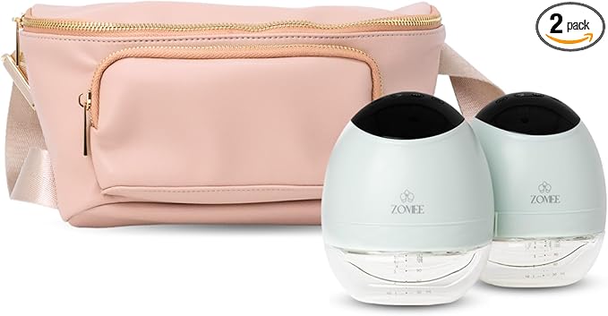 Zomee Fit Wearable Breast Pump, Hands Free, Portable,Discrete Electric Double Breast Pump - Holds 5 oz - Wireless 2+ Hours Battery Leak Proof Anti Backflow -Fanny Pack with Diaper Chaning Pad (Tan)