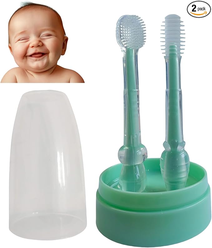 Baby Tooth Brush, Infant Toothbrush 6 to 12 Months, Silicone Toothbrush, Newborn Tongue and Mouth Cleaner Set, Green