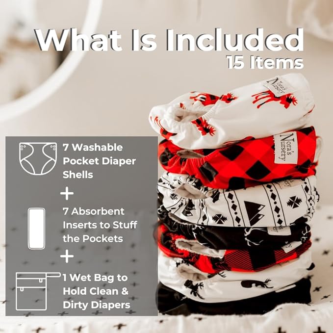 Nora's Nursery Cloth Diapers 7 Pack with 7 Inserts & 1 Wet Bag - Waterproof Cover, Washable, Reusable & One Size Adjustable Pocket Diapers for Newborns and Toddlers - Buffalo Plaid