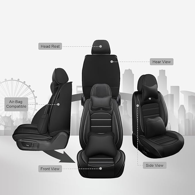JOJ Car Seat Cover Fit for Toyota Highlander 2001-2025,7 Seat Car Seat Cover,No-Slip Waterproof Breathable Faux Leather Automotive Seat Covers Auto Interior Covers,Full Set with Pillow,Black