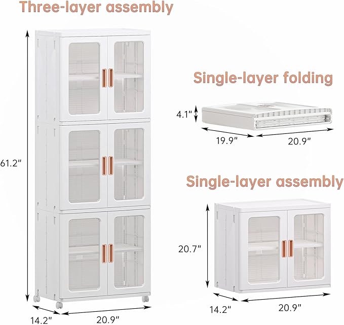 Storage Bins with Lids and Doors Storage Cabinet with Wheels Plastic Stackable Pantry Cabinet Cupboard Closet Foldable Kitchen Collapsible Storage Bins for Book Snack and Bathroom Organizer