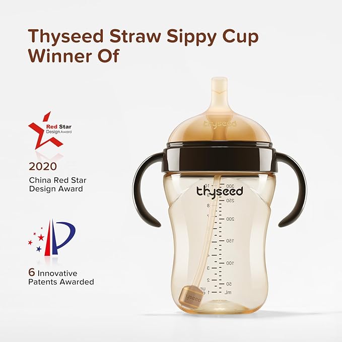Thyseed PPSU Weighted Straw Cup with Handles Toddlers Transition Bottles to Sippy Cups No Spill Learner Milk Water Baby Bottle Soft Silicone Spout Dishwasher Safe BPA Free 6+ Months 10oz/300mL 1 Pack