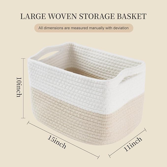 Hopegiver 3 Pack Storage Baskets for Organizing with Handle, Woven Baskets for Shelves - Durable Gift Basket for Cloth Toys Books Baby, Cotton Rope Basket for Dog Cat, 11x8x7 Inch(White&Khaki)