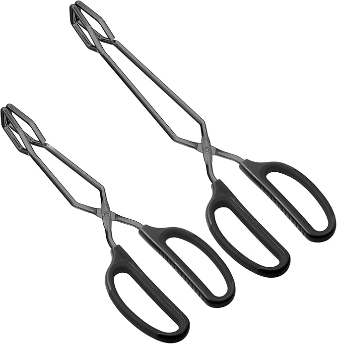 Stainless Steel Kitchen Tongs 10" and 12" Set, Comfortable Grip Scissor Tongs for Cooking, Grilling & Serving (Black)