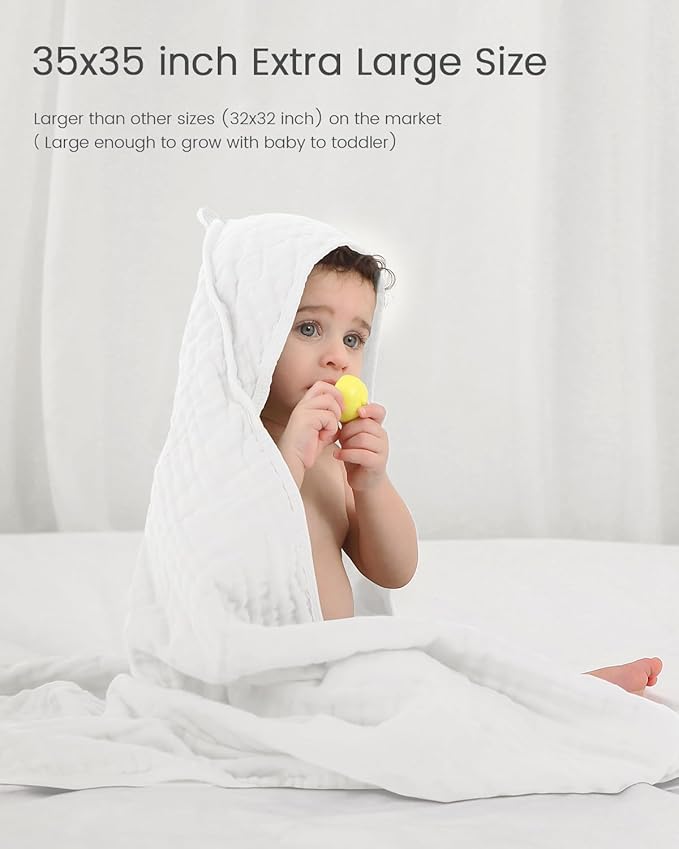 Hooded Baby Towels for Newborn, 35x35 Inch 2 Pack 100% Muslin Cotton Baby Bath Towel, Soft Baby Beach Towels with Hood for Infants, Toddlers and Kids, (Roman Green + White)