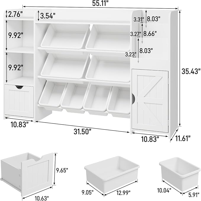 Vabches 55" Large Kids Toy Organizer with 8 Toy Storage Tubs, Storage Boxes and Storage Racks, Tiered Bookshelf and 7 Storage Cubbies, Kids Bookshelf, Playroom Storage and Storage Boxes(White)