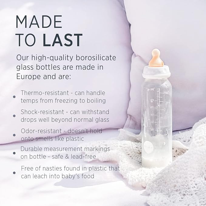 HEVEA Standard Neck Glass Baby Bottles - Natural Rubber Medium Flow Nipples - Anti Colic Baby Bottles for Breastfeeding Babies - 3+ Months - BPA-Free, Two-Pack (8 Oz)