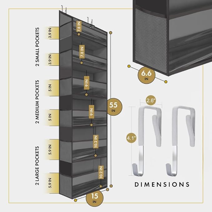 HOMELUX THEORY 2PC Heavy Duty Over the Door Organizer 55x14x6.7, 6 Large Front & 12 Mesh Pockets, Hanging Storage Closet Door Organizer for Bedroom, Bathroom and Baby Nursery Storage (Dark Gray)