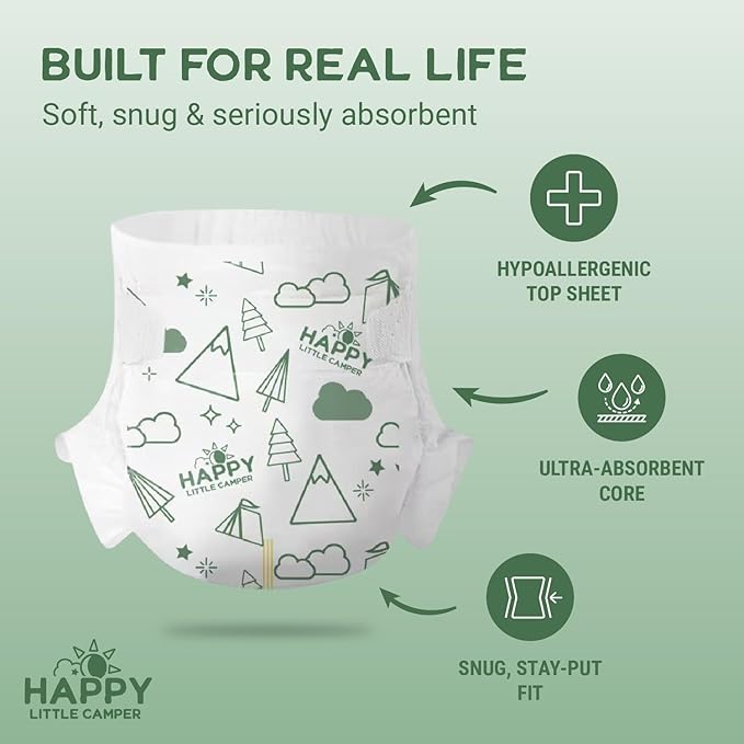 Happy Little Camper Ultra-Absorbent Super Saver Baby Diapers Size 2 - Hypoallergenic, Unscented & Chlorine-Free Disposable Diapers (200 Count) Come with Flushable Wipes (200 Count) for Sensitive Skin