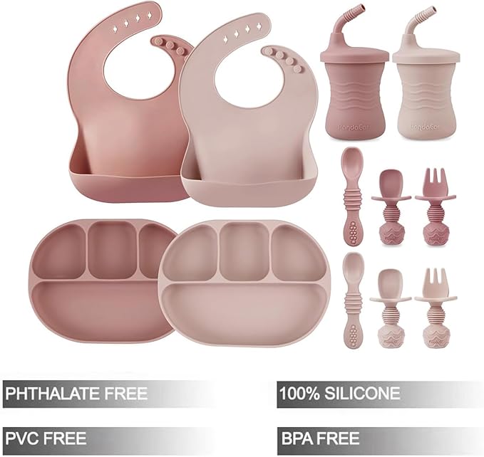PandaEar 12PCS Silicone Baby Feeding Set | 2 Sectioned Baby Suction Plate, 2 Baby Bibs, 2 Toddler Cup, 4 Baby Spoons & 2 Baby Forks | Baby Led Weaning Supplies, Onesize