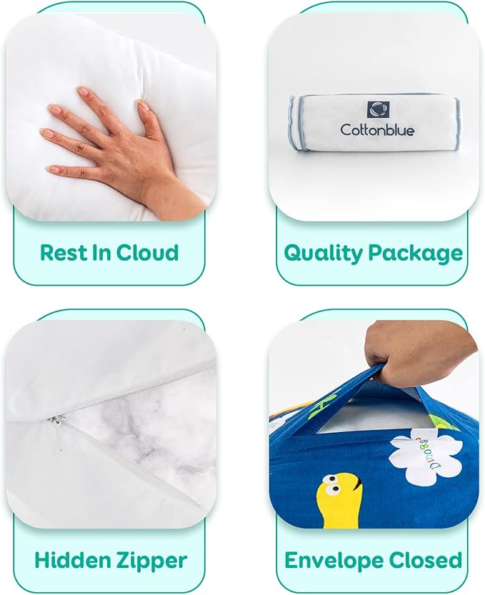 Cottonblue Toddler Pillow, Kids Pillows for Sleeping 14 x 19 Inches, Kids Pillow with Soft Cotton Pillowcase, Machine Washable, Perfect for Travel Toddlers Cot, 2 Pack, Blue Dinosaur