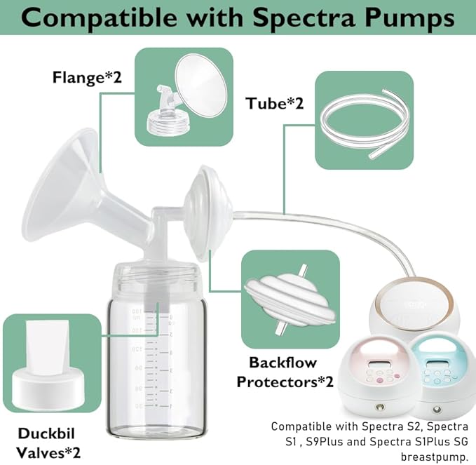 21mm Flange Pump Parts Compatible Spectra S1 S2 9 Breast Pumps Replacement,Full Set Replacements Include Flange Backflow Protector Membrane Duckbill Valve Tube,Not Original Accessories