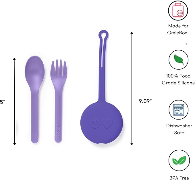 Omie OmieBox Kids Utensils Set with Case - 2 Piece Plastic, Reusable Fork and Spoon Silverware with Pod for Kids (Lilac)