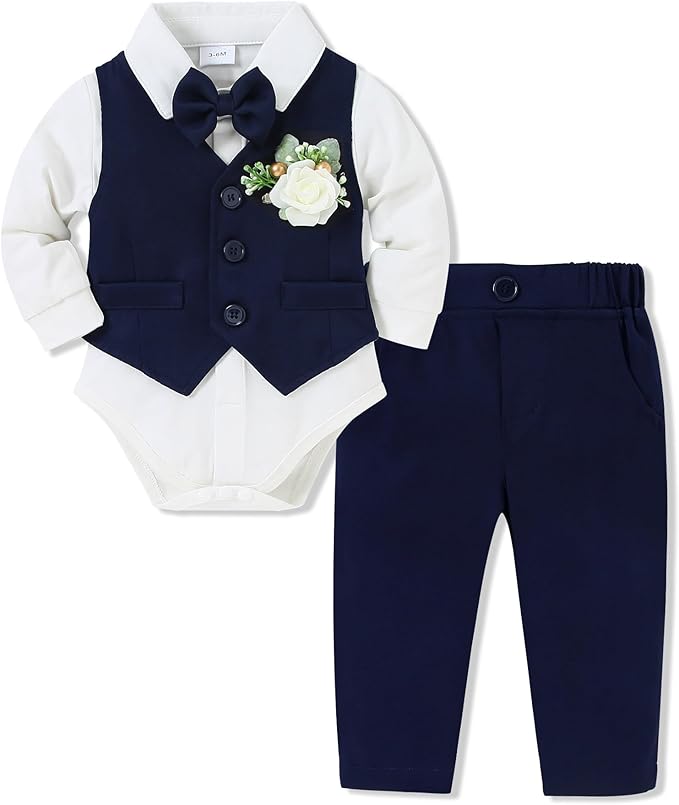 SANMIO Baby Boy Clothes Suits Infant Gentleman Outfit Collared Dress Shirt+Vest+Tie+Corsage+Pants 5Pcs Baby Suit Sets