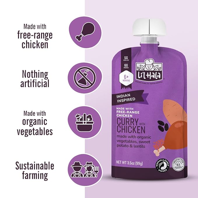 Li’l Hala Baby Food Pouches with Meat – Variety Pack of Toddler Puree Meals – Free-Range Chicken & Grass-Fed Beef – Organic Veggies, Protein & Healthy Fats – 6+ Months – 3.5 oz (6 Pack)