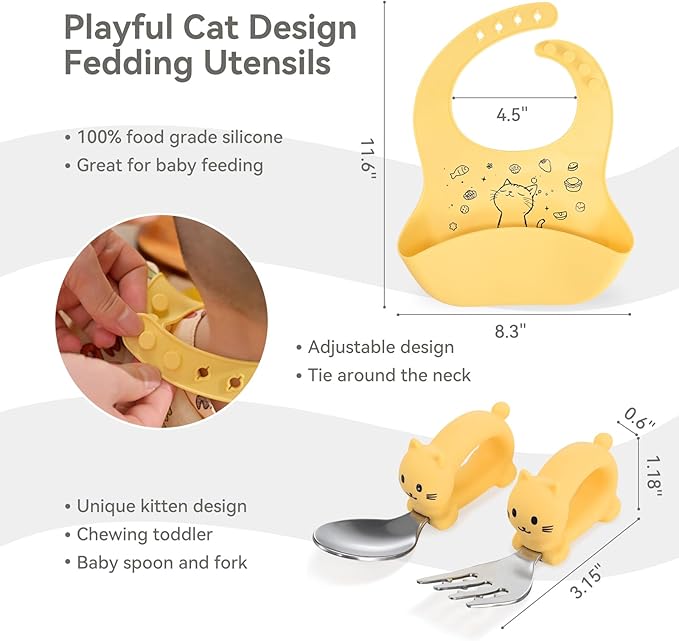 Portable Baby Plates with Suction, 6Pcs Travel Silicone Feeding Set for Toddlers, Foldable, Non-Slip Dishwasher Safe Plates & Utensils, BPA Free, Cat Design Gift Ready(Pale Yellow)