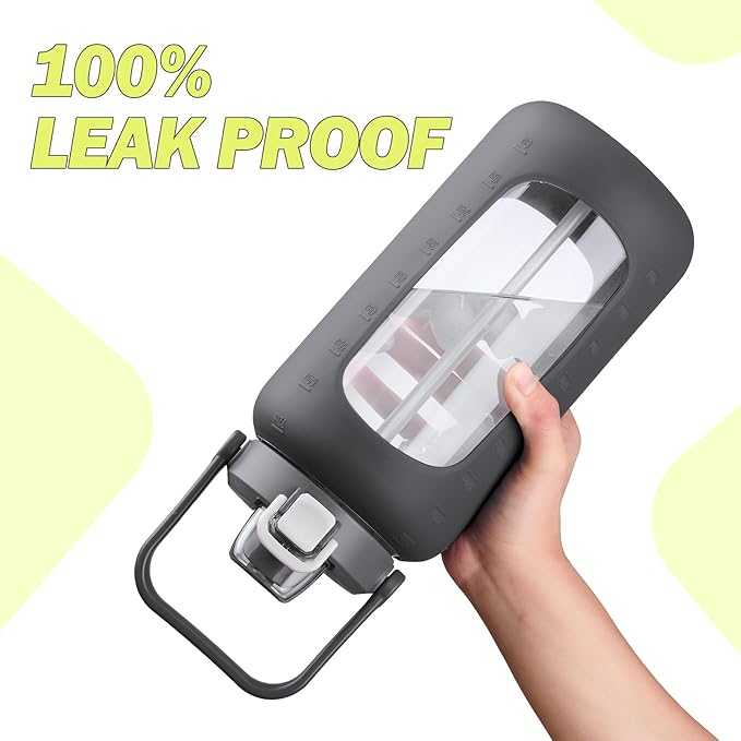 72oz Glass Water Bottle with 2-IN-1 Straw &Chug Lid, Large Motivational Glass Bottle with Capacity Marker and Silicone Sleeve, 2.1L Gallon Water Jug for Home, Sports, Gym, BPA Free-Gray