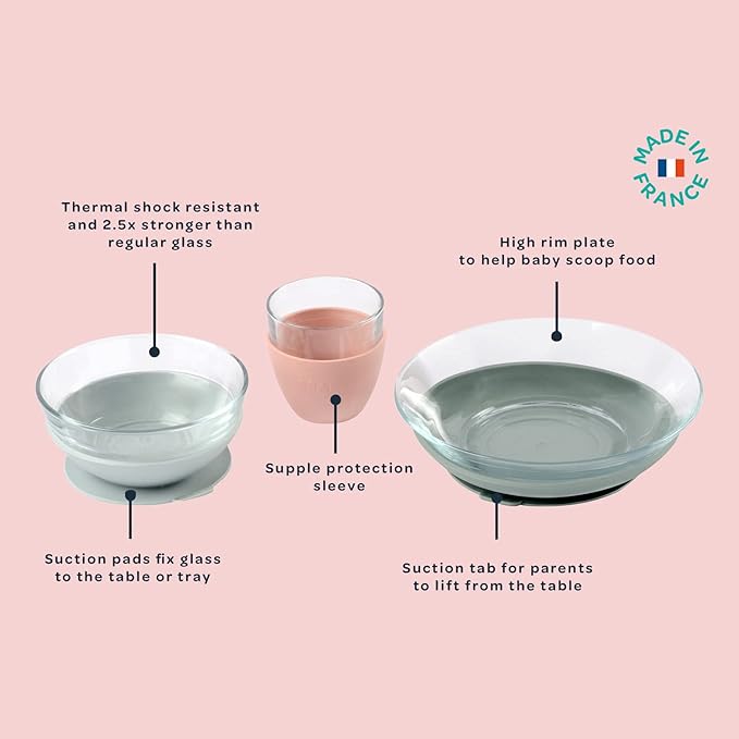 BEABA 3-Piece Glass Meal Set with Silicone Suction, Toddler Plate and Baby Bowls with Suction, Non Slip Kids Dinnerware Set, 2.5x Stronger than Regular Glass, Eucalyptus