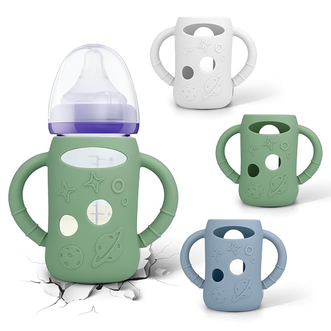 BUSOHA 3 Pack Silicone Sleeves for Lansinoh Glass Bottles - Wide Neck Baby Bottles Sleeves for Lansinoh Bottles Baby Anti-Colic Bottle Holder with Handle Anti Breakage Silicone Protector,5 oz