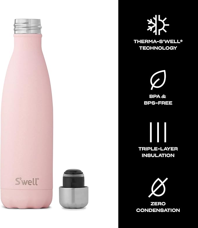 S'well Stainless Steel Water Bottle, 17oz, Pink Topaz, Triple Layered Vacuum Insulated Containers Keeps Drinks Cold for 36 Hours and Hot for 18, BPA Free, Perfect for On the Go