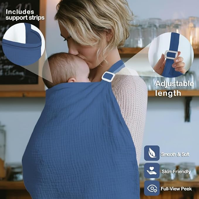 Muslin Nursing Covers for Breastfeeding, Arch Neckline Breast Feeding Covers for Women, Moms Privacy Breathable Summer Nursing Apron, 43.3" x 25.6" Soft Feeding Cover (Misty Blue)
