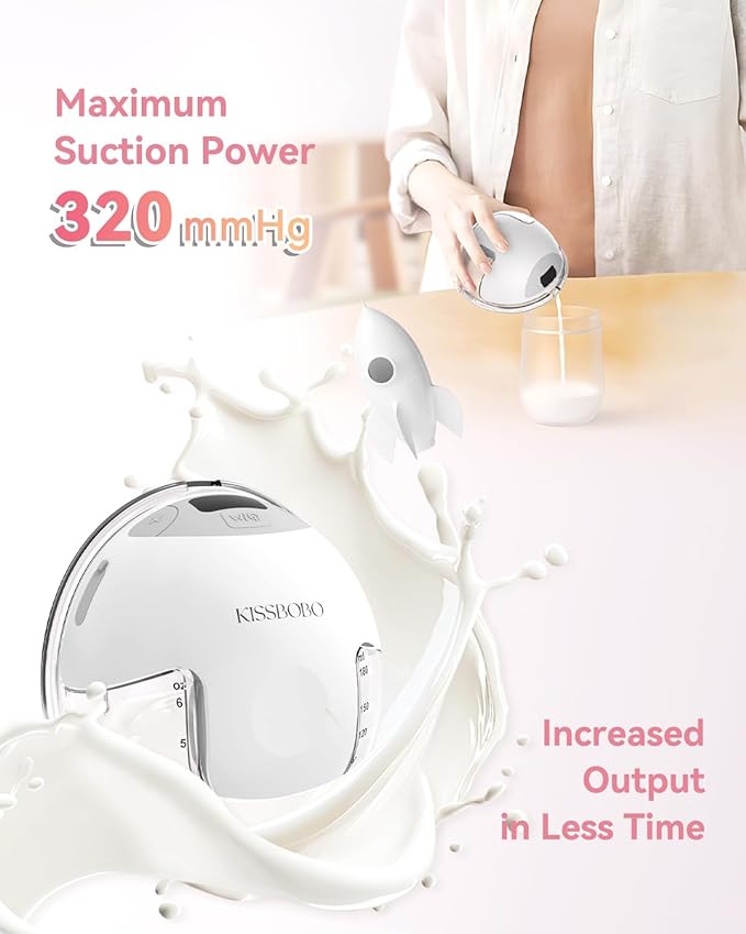 KISSBOBO Hands Free Breast Pump, Wearable Breastfeeding Pump with 320mmHg Strong Suction, 19 Adjustable Levels & 4 Modes, Ultra-Quiet, Leak-Proof Design Portable Breast Pumps Electric (White, 2 Pack)